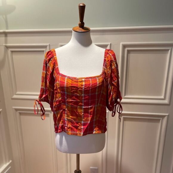 Arizona Jean Co plaid Smocked Crop Top large xl - Picture 2 of 11